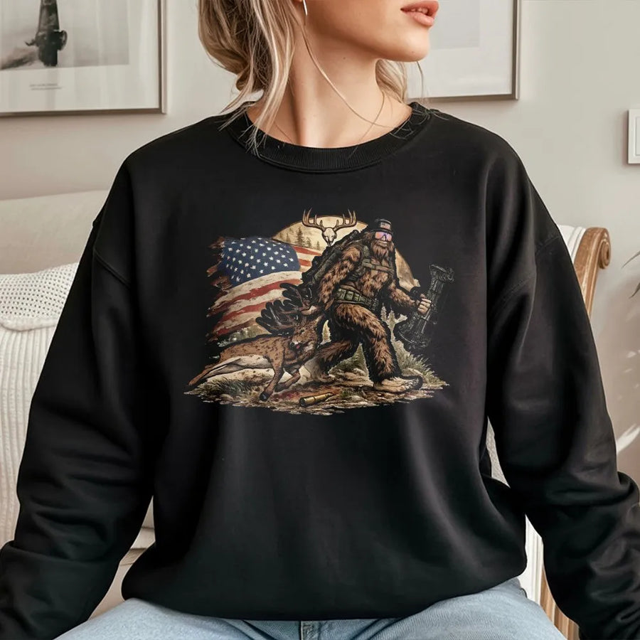 Bigfoot Hunting Sweatshirt | Patriotic Sasquatch USA Flag Graphic | Premium Cotton Blend | Gift for Hunter and Outdoorsman