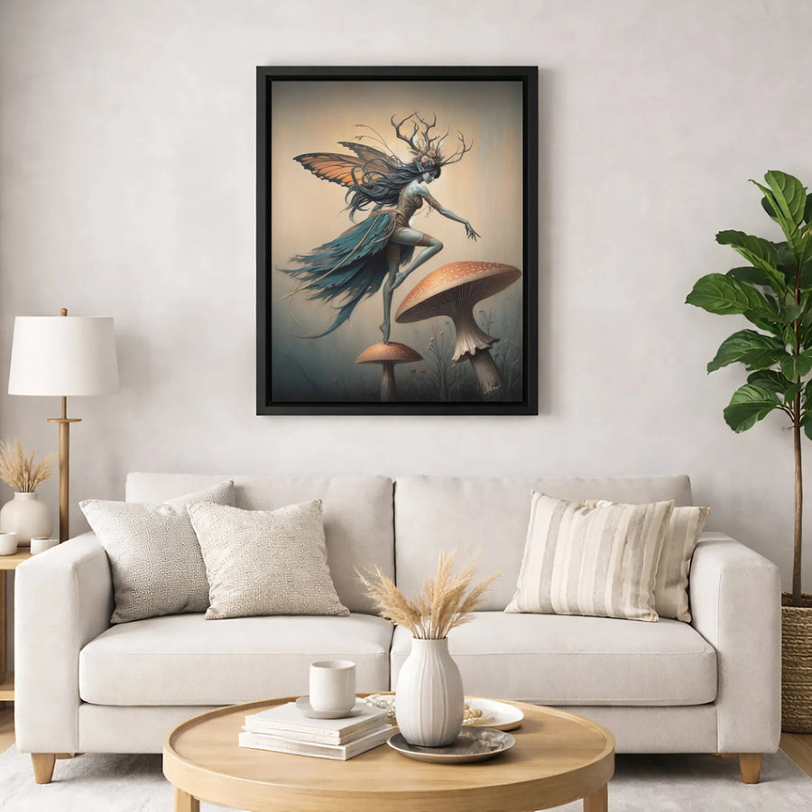 Dark Fairy Canvas Wall Art | Antlered Woodland Sprite with Butterfly Wings | Premium Fade-Resistant Gallery Wrap | Gothic Fantasy Decor for Home