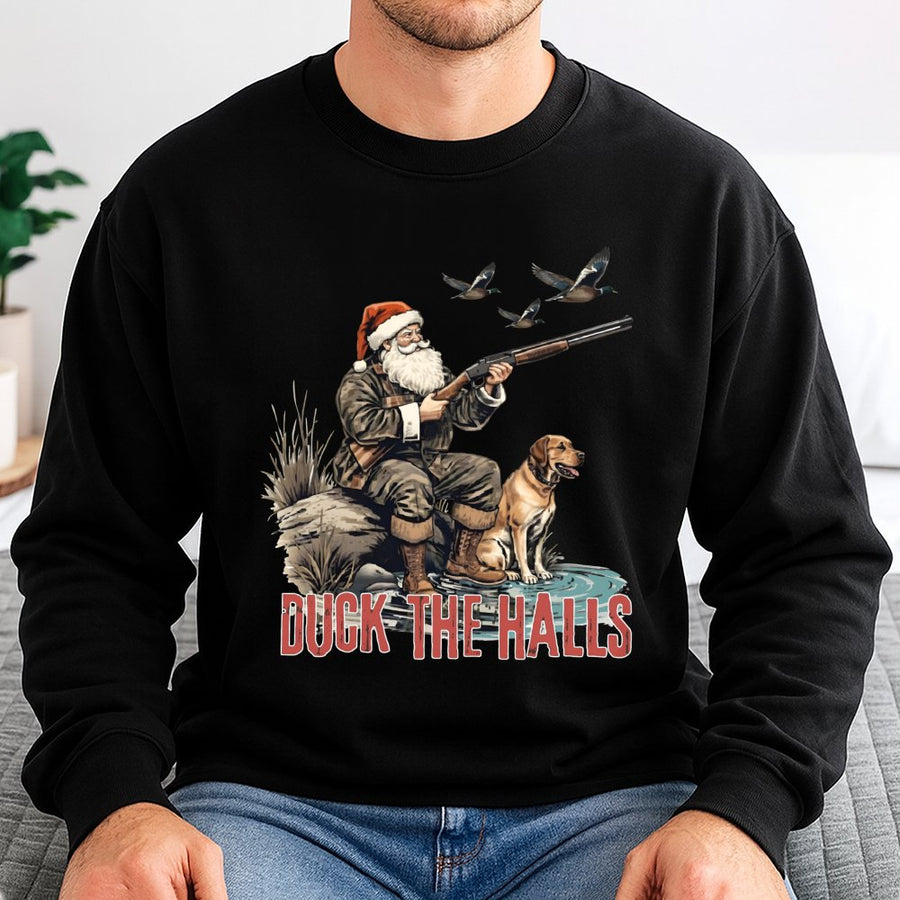 Duck The Halls Hunting Santa Sweatshirt | Funny Christmas Duck Hunter Graphic | Premium Cotton Blend | Gift for Him and Outdoor Enthusiasts
