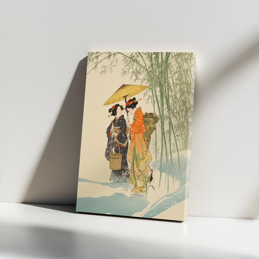 Japanese Art Canvas Print | Vintage Kimono Women in Bamboo Forest | Premium Gallery Wrap Wall Decor | Elegant Asian Home Wall Art Gift