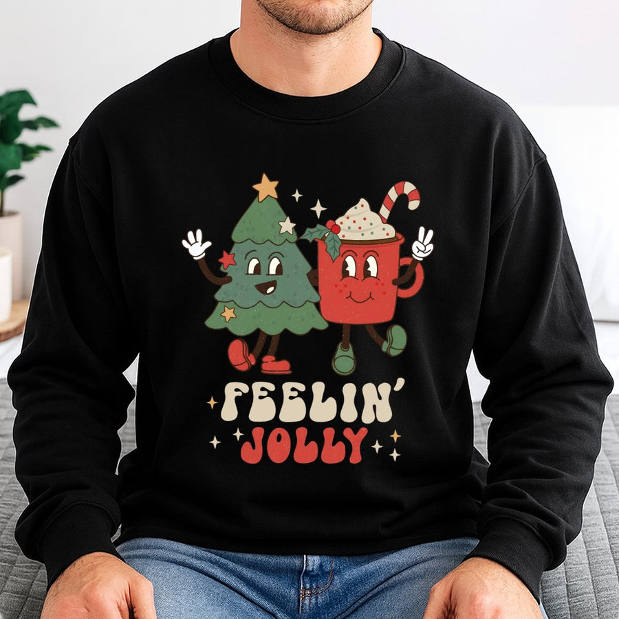 Feelin' Jolly Retro Christmas Sweatshirt | Cute Tree and Hot Cocoa Graphic | Premium Cotton Blend | Funny Holiday Gift for Women