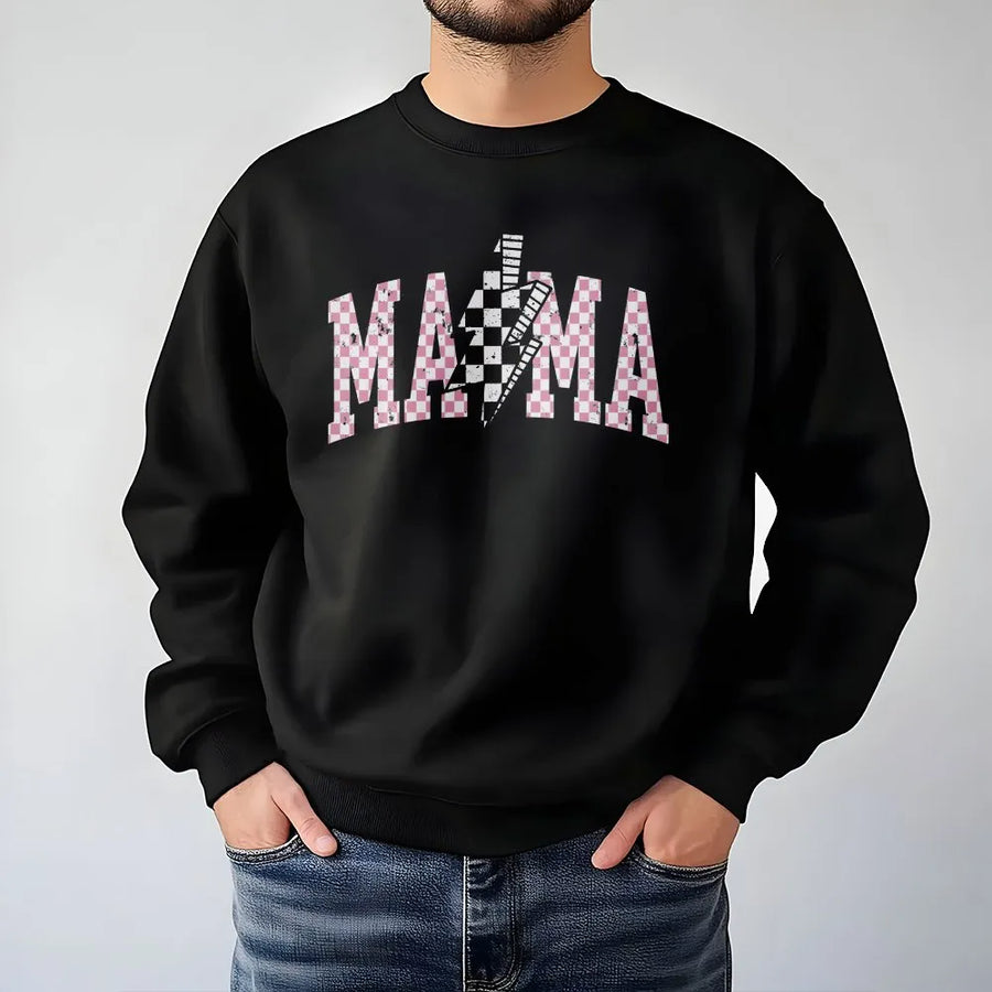 Retro Mama Sweatshirt | Checkerboard Lightning Bolt Varsity Graphic | Soft Cotton Blend | Mothers Day Gift for New Mom