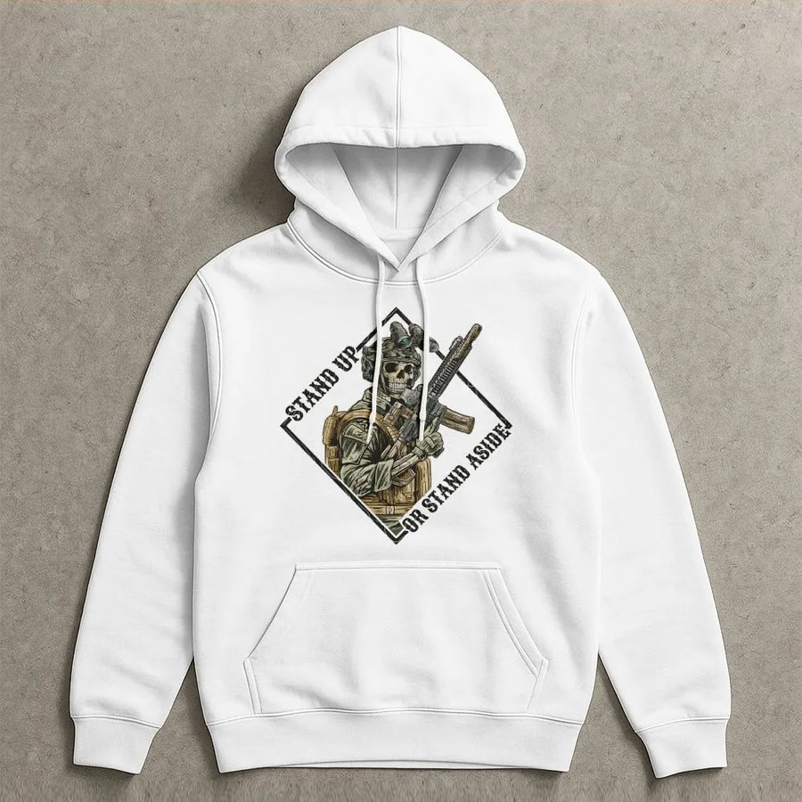 Stand Up Or Stand Aside Hoodie | Tactical Skull Military Graphic | Soft Cotton-Blend Premium Quality | Patriotic Veteran Gift For Men And Women