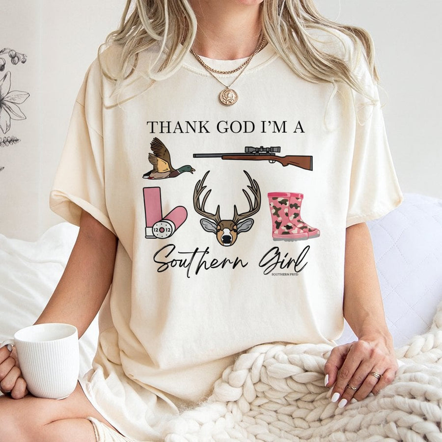 Thank God I'm A Southern Girl T-Shirt | Country Hunting Graphic Print | Premium 100% Cotton Tee | Gift for Cowgirls and Outdoorswomen