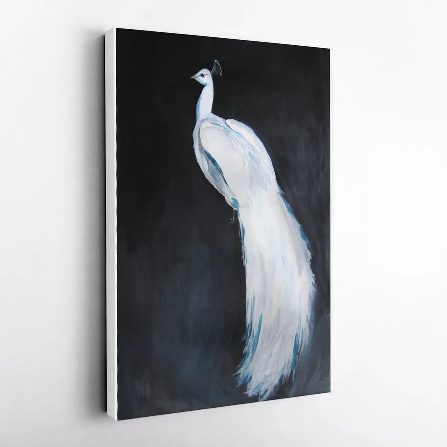 White Peacock Vertical Canvas Print | Elegant Painterly Bird Artwork on Black Background | Premium Gallery Wrapped Canvas | Collector's Gift for Bird Lover