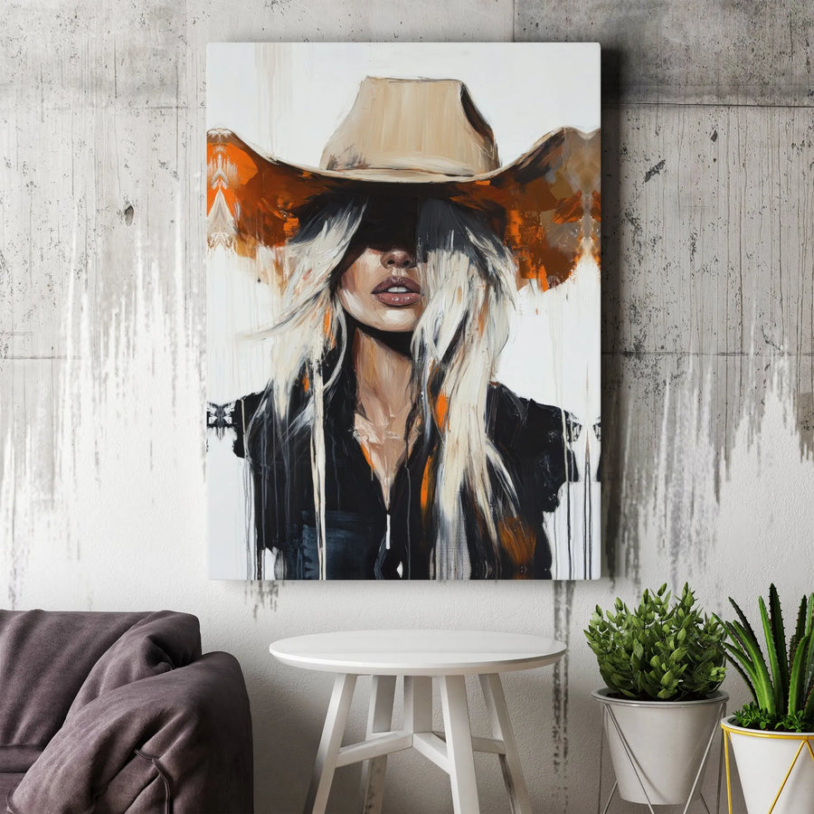 Western Cowgirl Canvas Wall Art | Abstract Blonde Woman Portrait | 1.25" Premium Gallery Wrap | Modern Home Decor Gift