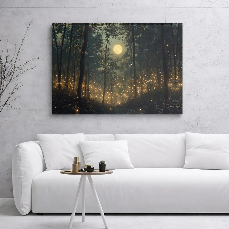 Enchanted Forest Canvas Wall Art | Glowing Fireflies and Full Moon | Premium Gallery Wrap | Magical Nature Decor for Living Room or Bedroom
