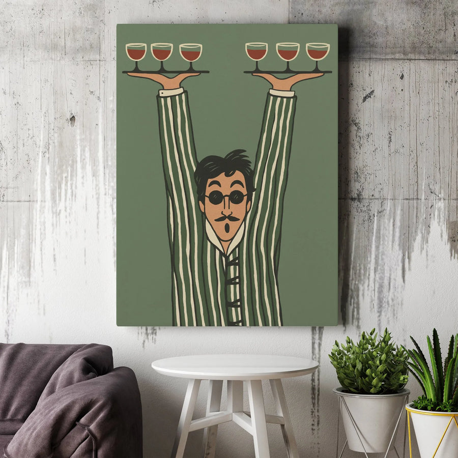 Retro Waiter Wall Art | Mustache Man Holding Wine Trays | Premium Gallery Wrapped Canvas | Kitchen or Bar Decor Gift
