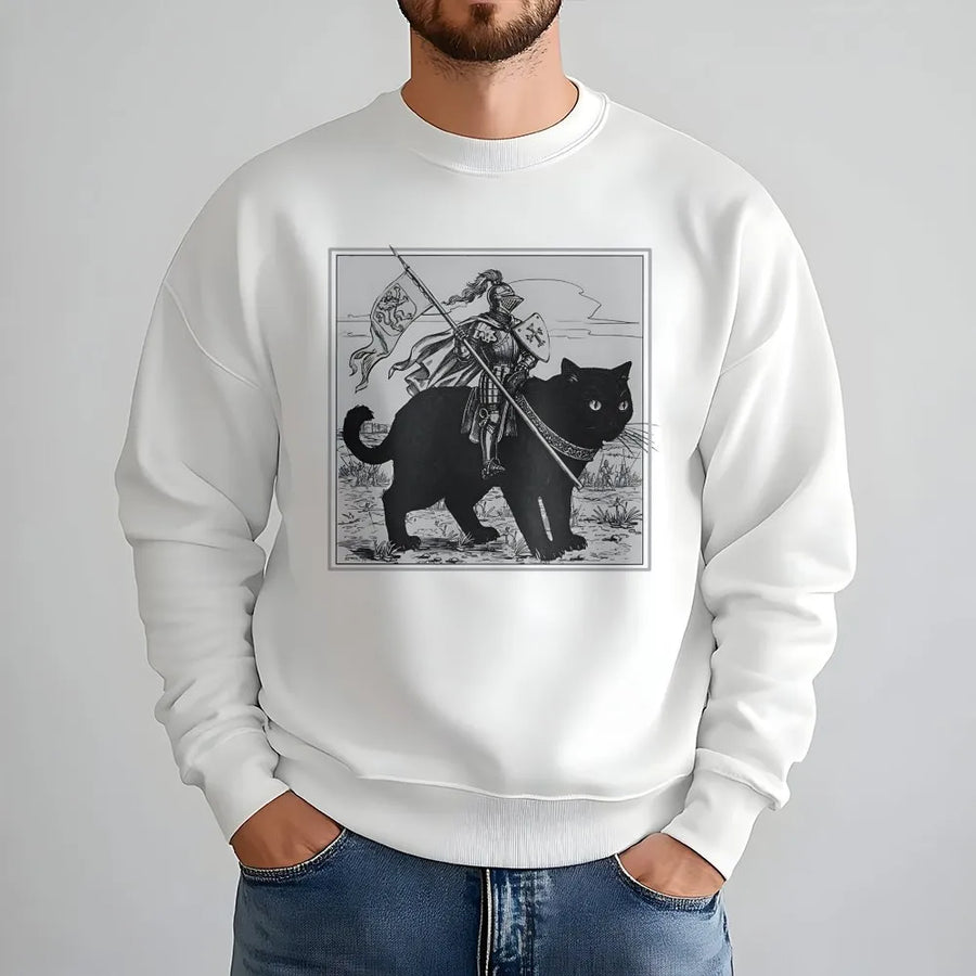Knight Cat Sweatshirt | Medieval Black Cat Riding Armor Graphic | Premium Unisex Crewneck | Funny Renaissance Fair Gift for Cat Lovers