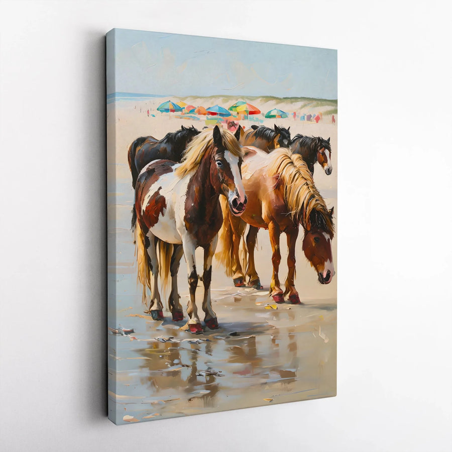 Wild Horses on Beach Vertical Canvas | Coastal Equestrian Impasto Style Art | Premium Gallery Wrapped Print | Home Decor Gift for Horse Lover