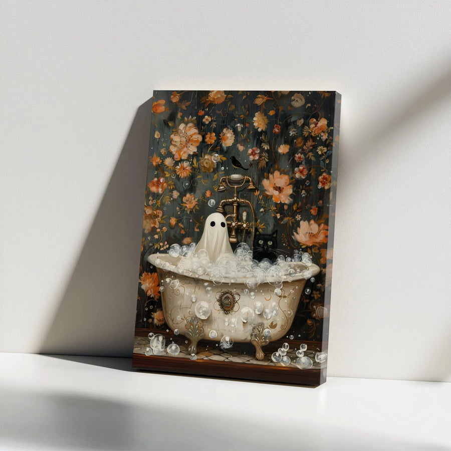 Ghost and Black Cat Canvas Print | Whimsical Floral Bathroom Wall Art | Premium Gallery Wrap Decor | Spooky Cute Halloween Home Gift