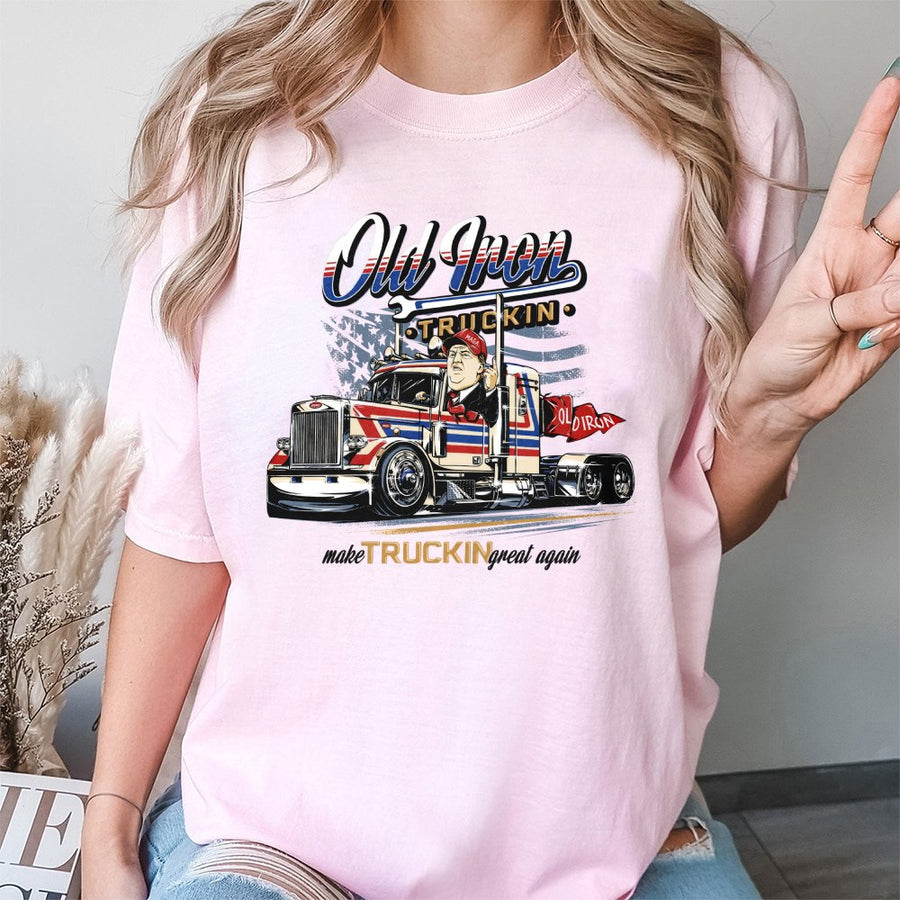 Old Iron Trucking T-Shirt | Patriotic American Truck Graphic | 100% Cotton Premium Quality | Gift for Truck Drivers and Supporters