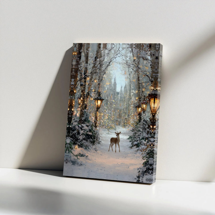 Winter Forest Deer Canvas Wall Art | Snowy Castle Landscape Print | Premium Gallery Wrap Decor | Enchanting Holiday Home Gift