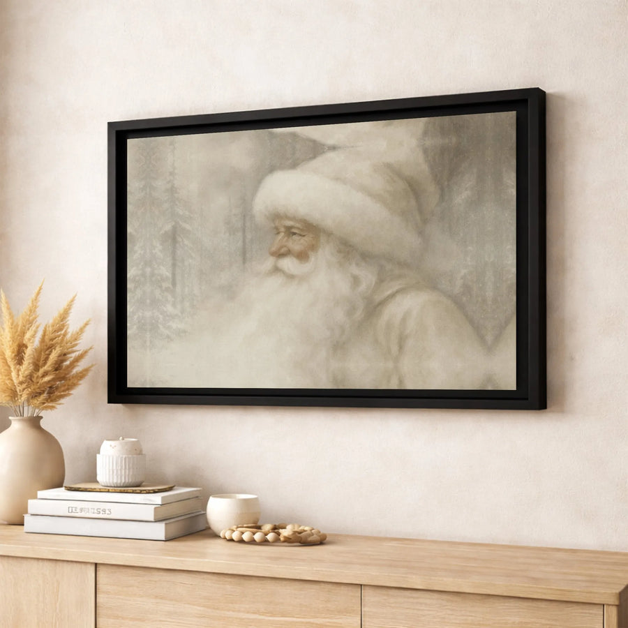 Vintage Santa Claus Wall Art | Neutral Snowy Woods Portrait | Premium Fade-Resistant Canvas | Rustic Christmas Holiday Home Decor