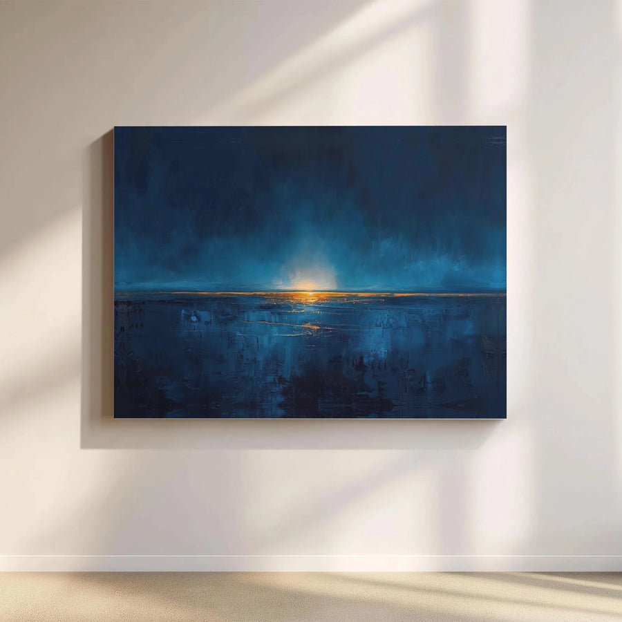 Abstract Seascape Canvas Art | Deep Blue Ocean Horizon with Warm Gold Sunset | Gallery-Wrapped Premium Wall Decor | Modern Living Room Gift