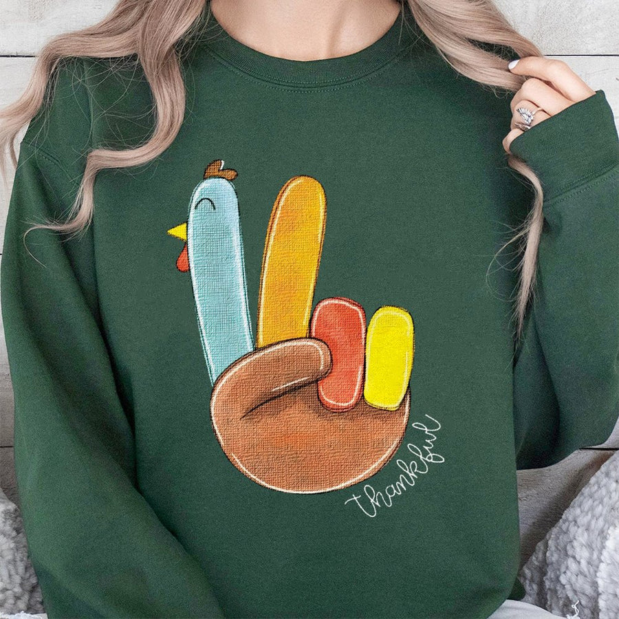 Peace Sign Turkey Sweatshirt | Funny Thanksgiving Graphic Pullover | Soft Cotton Blend Crewneck | Cute Fall Gift For Women And Men