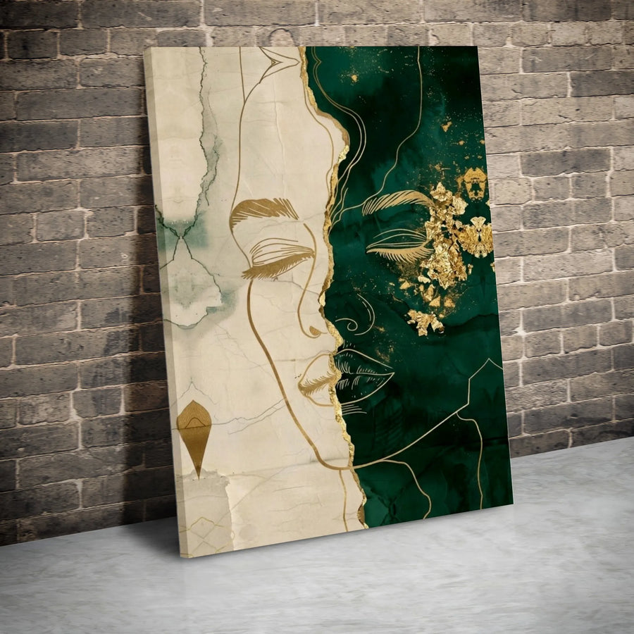 Abstract Woman Portrait Vertical Canvas | Emerald Green & Gold Foil Style | Premium 1.25" Gallery Wrap | Elegant Living Room Decor & Housewarming Gift