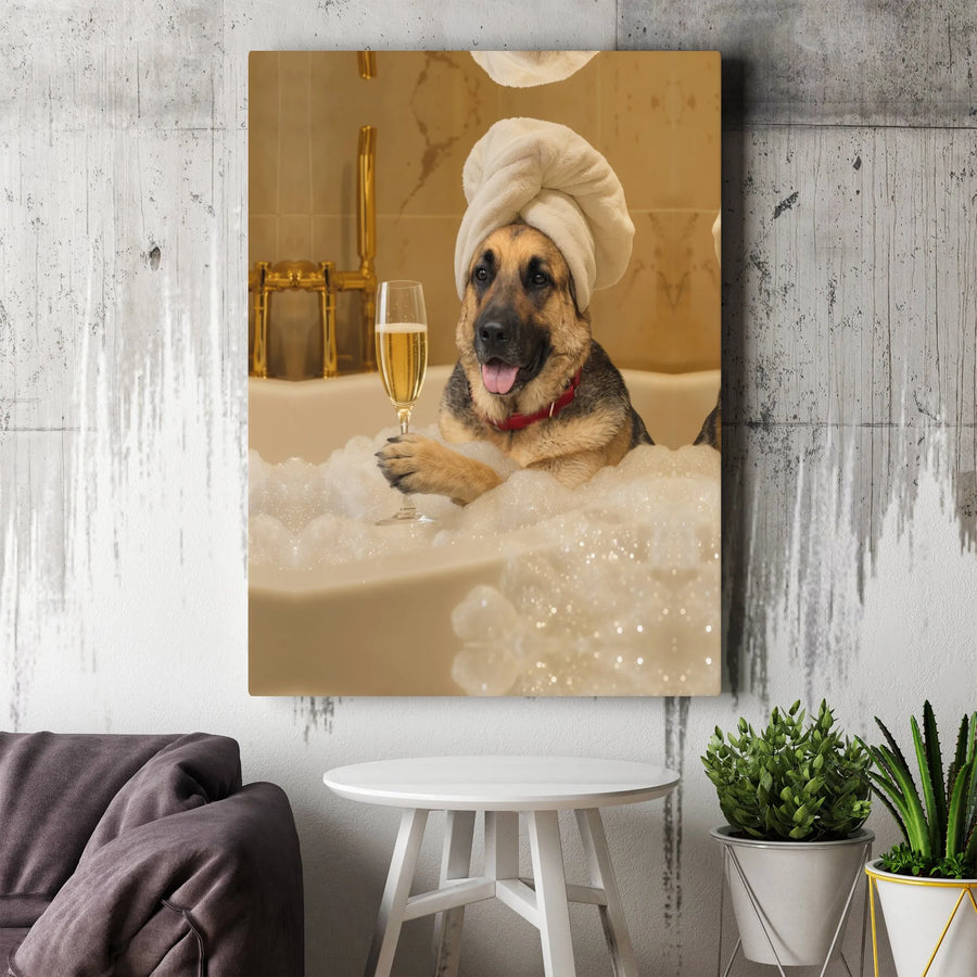 German Shepherd Wall Art Canvas Print | Funny Dog in Bubble Bath with Champagne | Premium Gallery Wrap Canvas | Unique Bathroom Decor Gift for Dog Lover