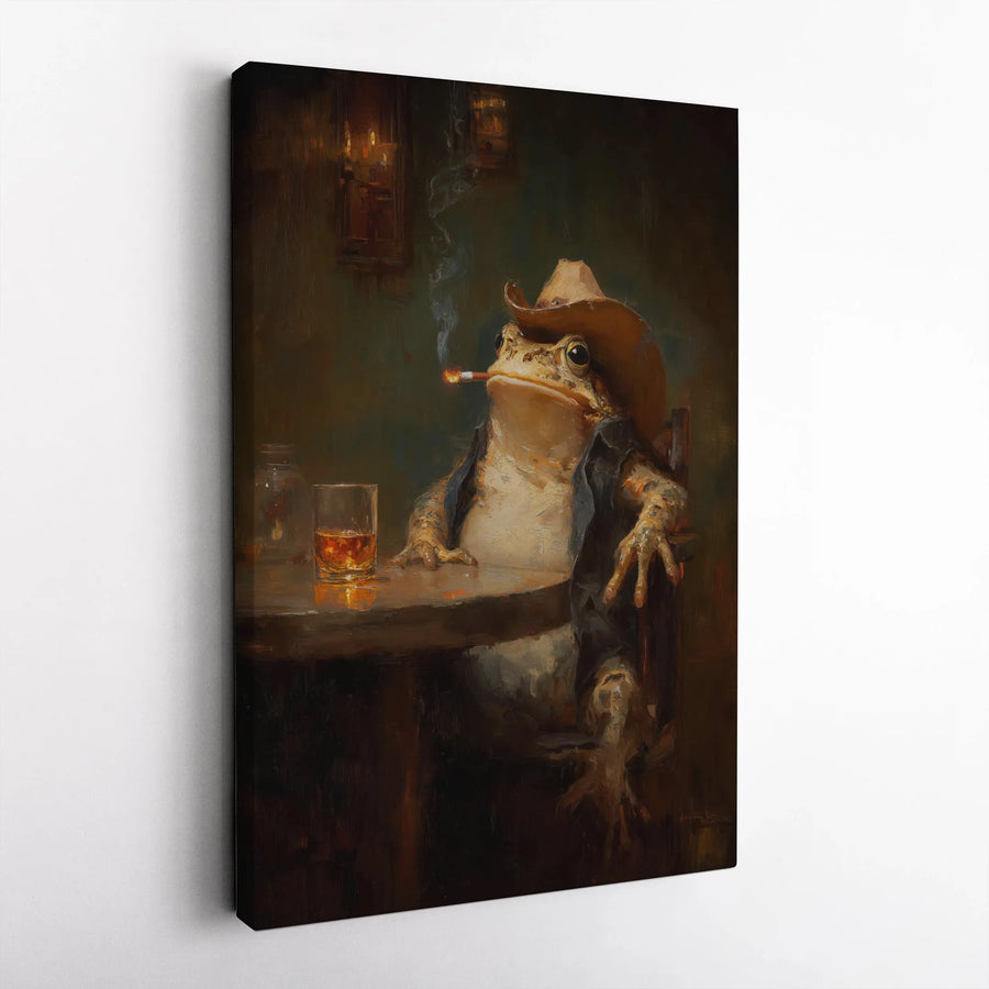 Cowboy Frog Wall Art | Whiskey Drinking Toad Saloon Print | Premium Gallery Wrap Canvas | Unique Western Bar Decor for Men