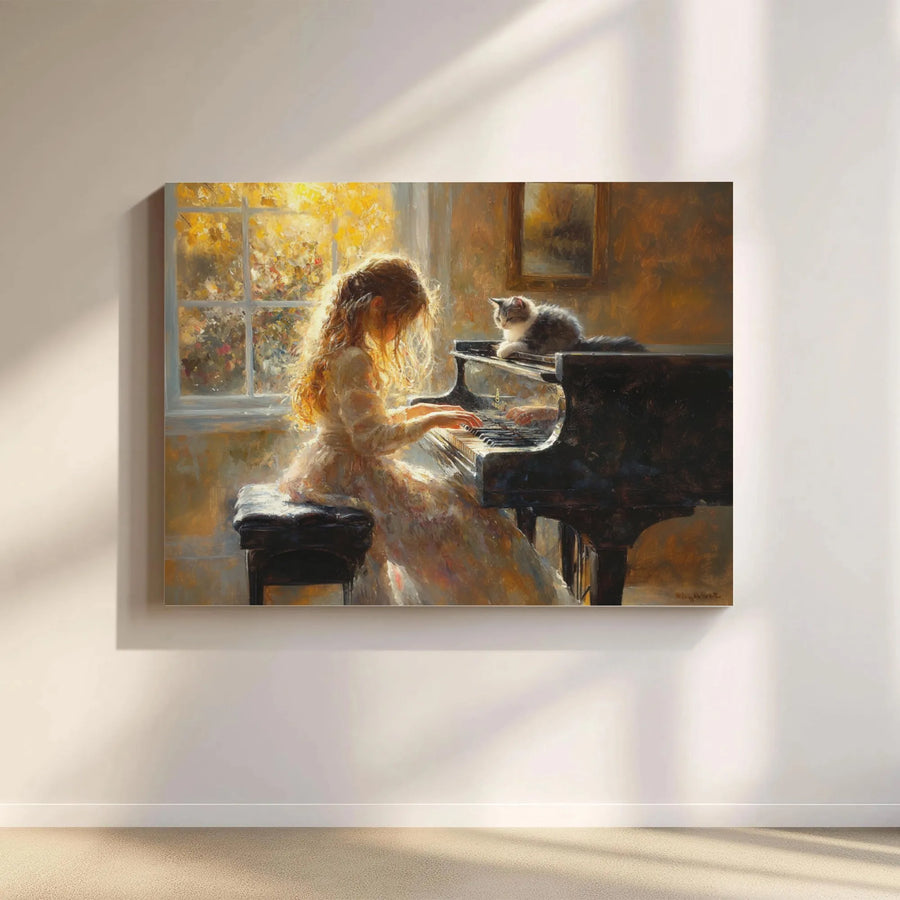 Girl Playing Piano with Cat Canvas Wall Art | Impressionist Music Room Decor | Premium Gallery Wrap Print | Whimsical Gift for Musician or Cat Lover