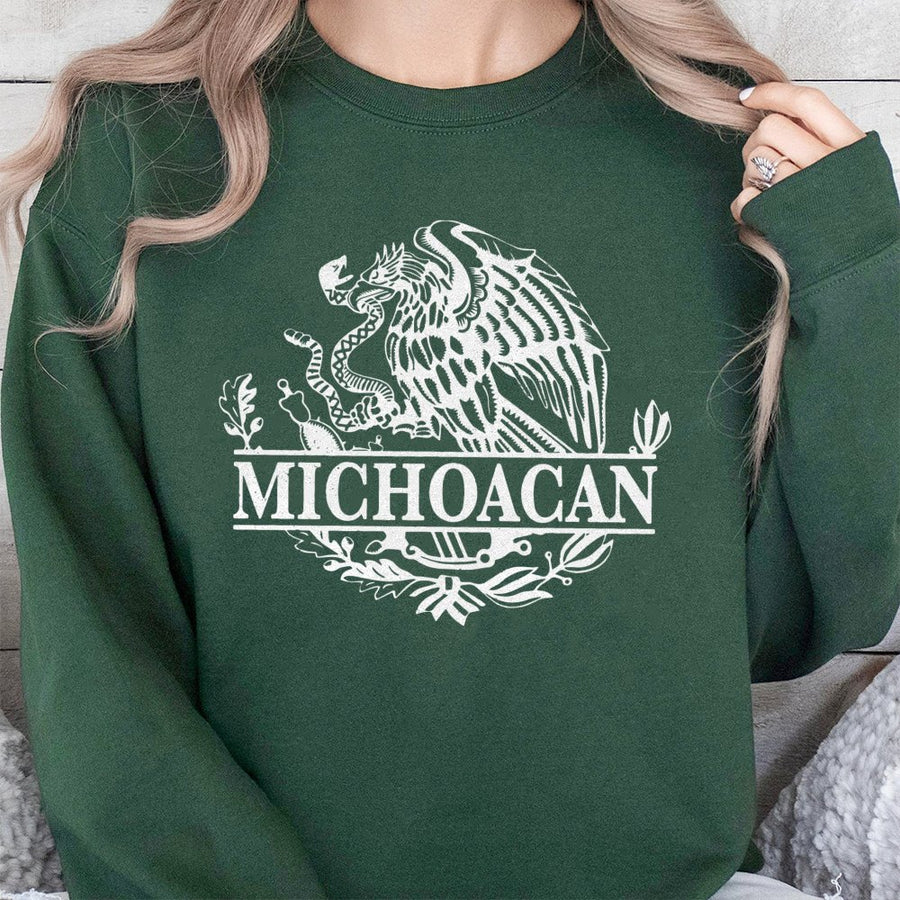 Michoacan Sweatshirt | Mexican Eagle Coat of Arms Graphic | Premium Cotton Blend Crewneck | Cultural Heritage Pride Gift for Men and Women