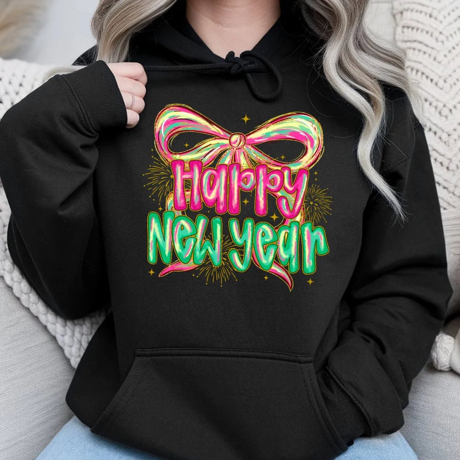 Happy New Year Hoodie | Neon Bow and Fireworks Graphic | Premium Cotton Blend | Festive Holiday Party Outfit for Women and Men