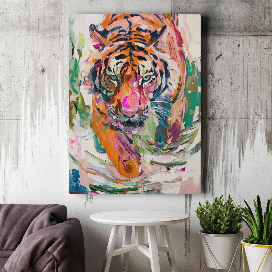 Abstract Tiger Wall Art | Colorful Brushstroke Painting | Premium Gallery-Wrapped Canvas | Animal Home Decor Gift