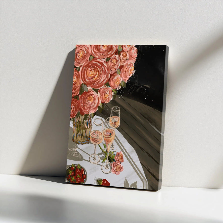 Roses and Champagne Canvas Wall Art | Romantic Floral Still Life Painting | Premium Thick Framed Canvas | Dining Room Decor & Anniversary Gift