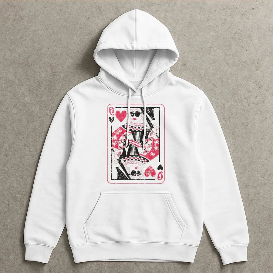 Queen of Hearts Playing Card Hoodie | Pink Distressed Graphic Print | Premium Soft Cotton Blend | Aesthetic Valentine Gift for Her