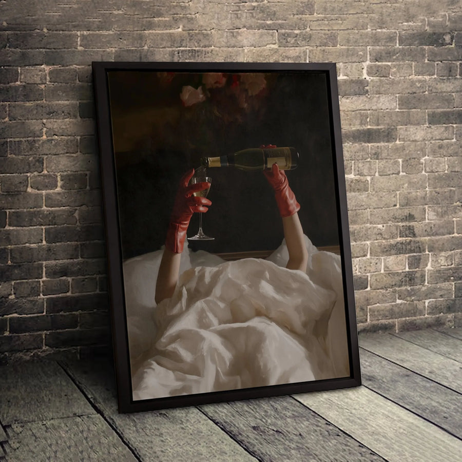 Champagne Pouring Canvas Art | Elegant Red Gloves Painting | Premium Gallery Wrap Wall Decor | Chic Bedroom Bar Cart Aesthetic Gift