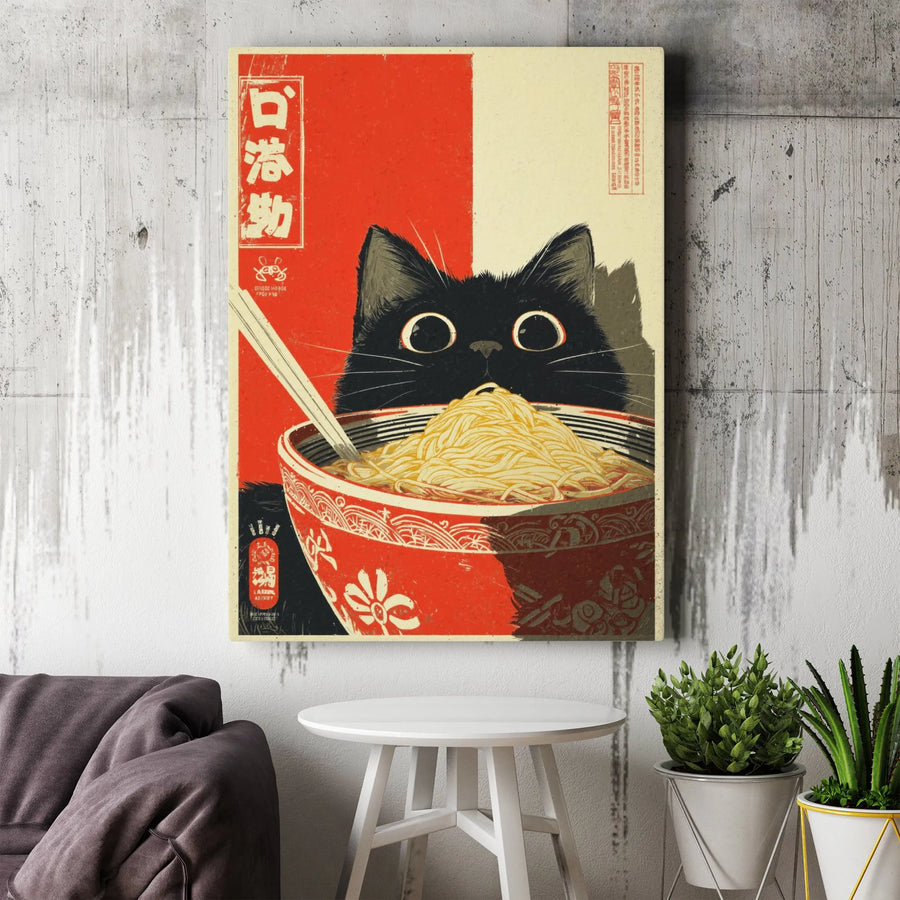 Japanese Ramen Cat Canvas Wall Art | Vintage Ukiyo-e Style Black Kitten | 1.25" Gallery Wrap Premium Print | Whimsical Kitchen Decor Gift for Cat Lovers