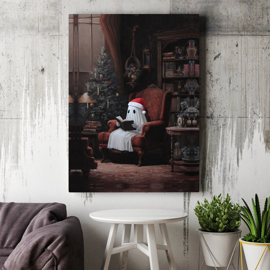 Ghost Reading Book Canvas | Festive Christmas Ghost in Santa Hat Wall Art | Premium Gallery-Wrapped Print | Cozy Holiday Decor Gift