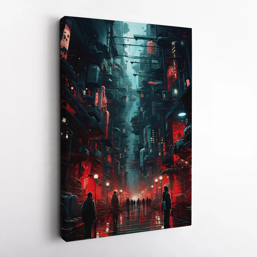Cyberpunk Cityscape Canvas Art | Futuristic Neon Red Street Scene | Gallery Quality Premium Wall Decor | Urban Sci-Fi Gamer Room Gift