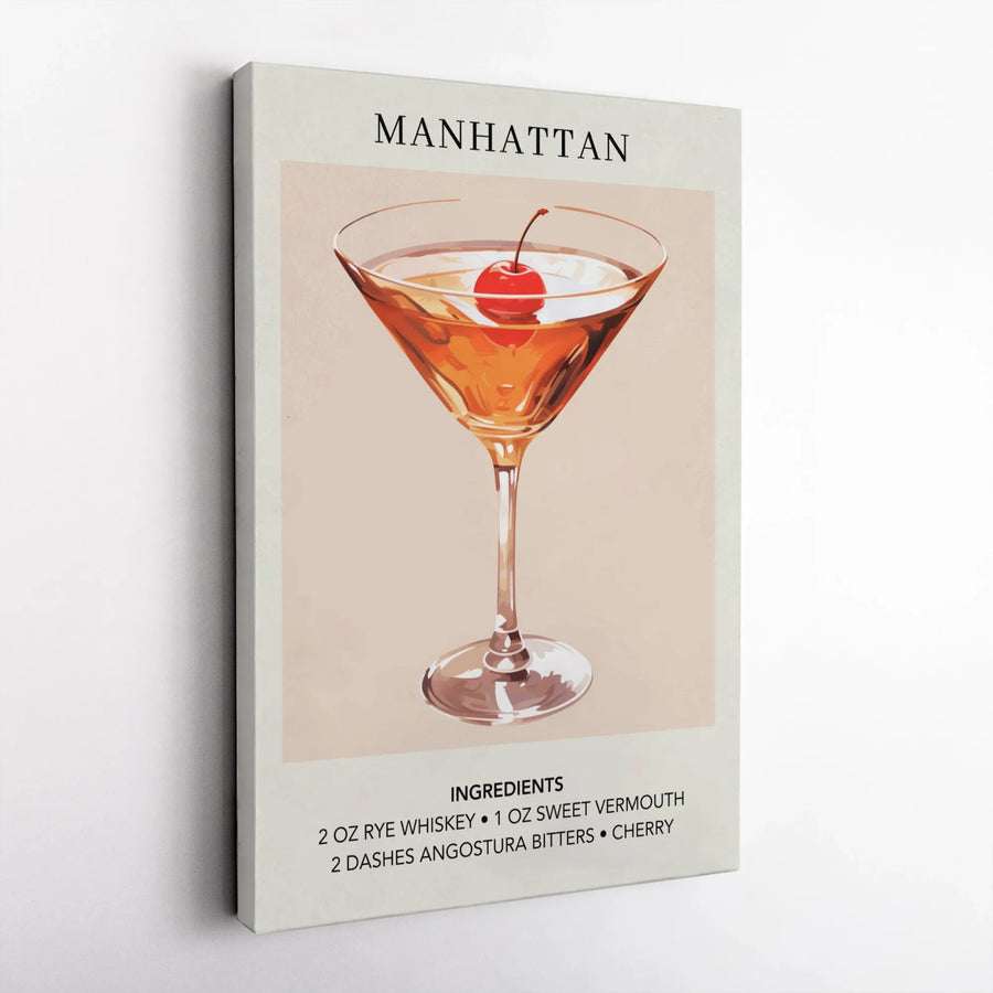 Manhattan Cocktail Recipe Wall Art | Mid-Century Modern Drink Print | Premium Gallery Wrapped Canvas | Bar Cart Decor & Home Bar Gift