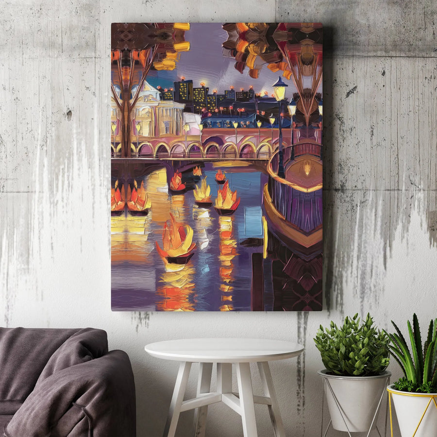 Night River Canvas Wall Art | Impressionist Floating Lanterns Cityscape | Premium Gallery Wrapped Decor | Ready To Hang Modern Home Gift