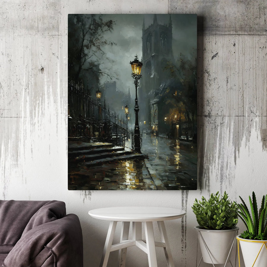Gothic Cityscape Canvas Wall Art | Moody Rainy Street Painting | Premium Thick Gallery Wrap | Dark Academia & Victorian Home Decor Gift