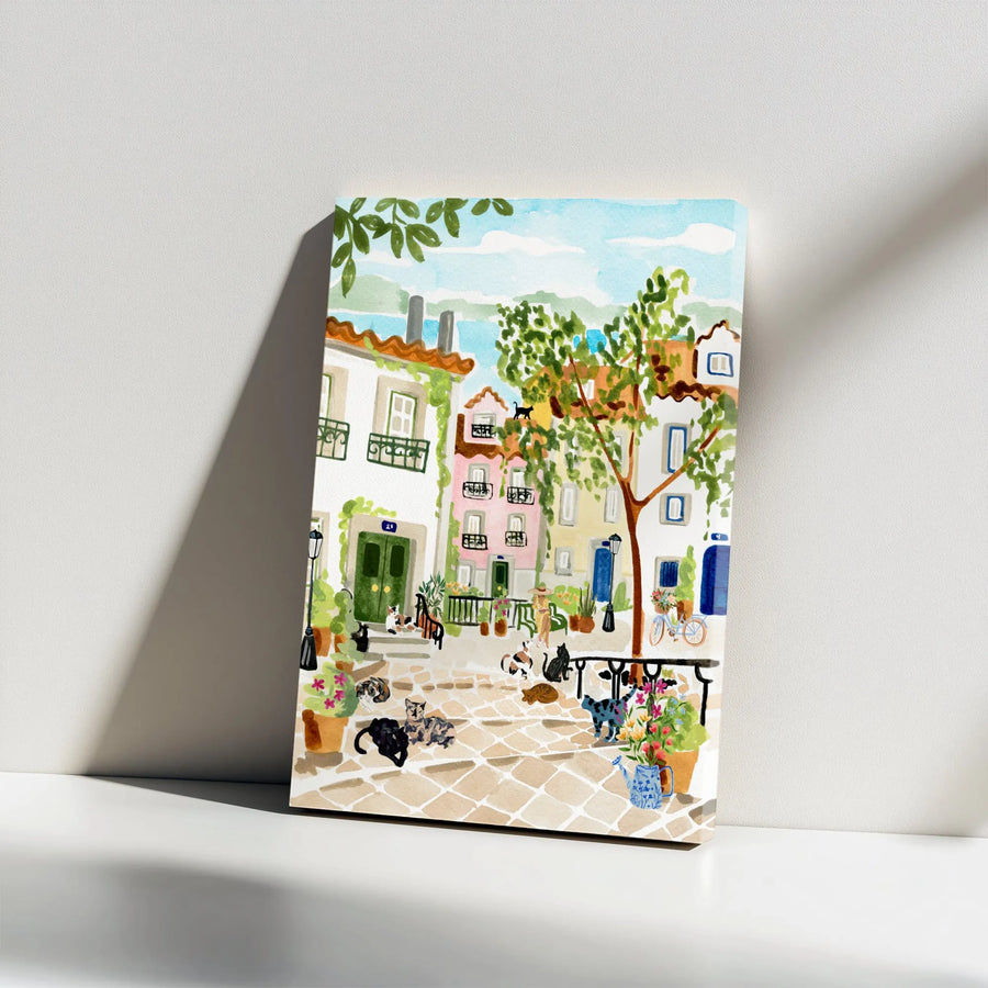 Lisbon Portugal Canvas Wall Art | Watercolor Street Scene with Cats | Premium Fade-Resistant Print | European Travel Souvenir Gift for Cat Lovers