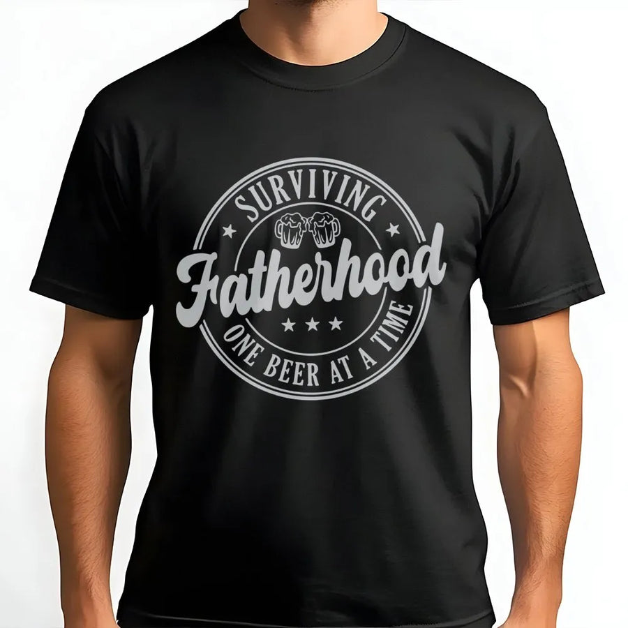 Surviving Fatherhood Beer T-Shirt | Funny Dad Graphic Tee | Premium Cotton Comfort Apparel | Best New Dad Gift for Beer Lovers