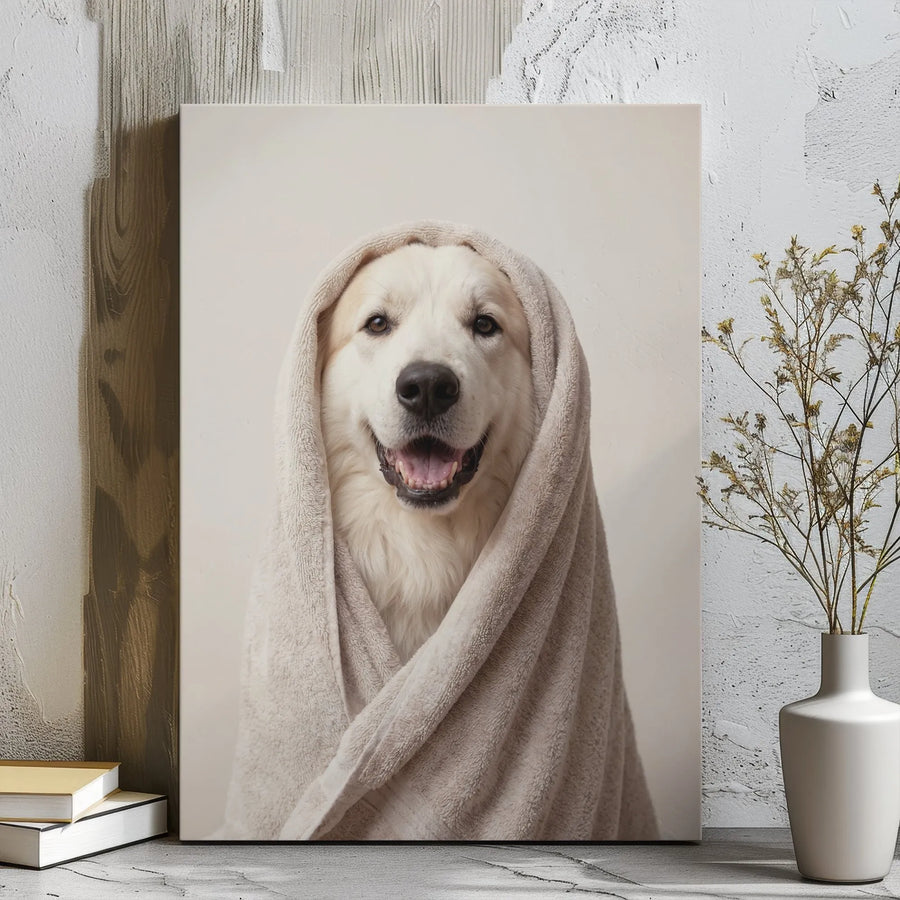 Smiling Dog Wrapped In Towel Canvas Wall Art | Cute Golden Retriever Portrait | Premium Gallery Wrap Print | Funny Pet Lover Gift Home Decor