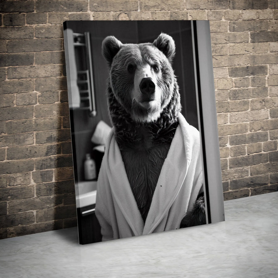 Bear In A Bathrobe Canvas Print | Funny Bathroom Wall Art | Premium Gallery-Wrapped Portrait | Unique Home Decor Gift For Animal Lovers
