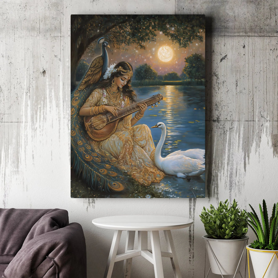 Goddess Saraswati Canvas Print | Divine Hindu Goddess with Veena & Peacock | Premium Wall Art | Spiritual Home Decor Gift for Meditation Room