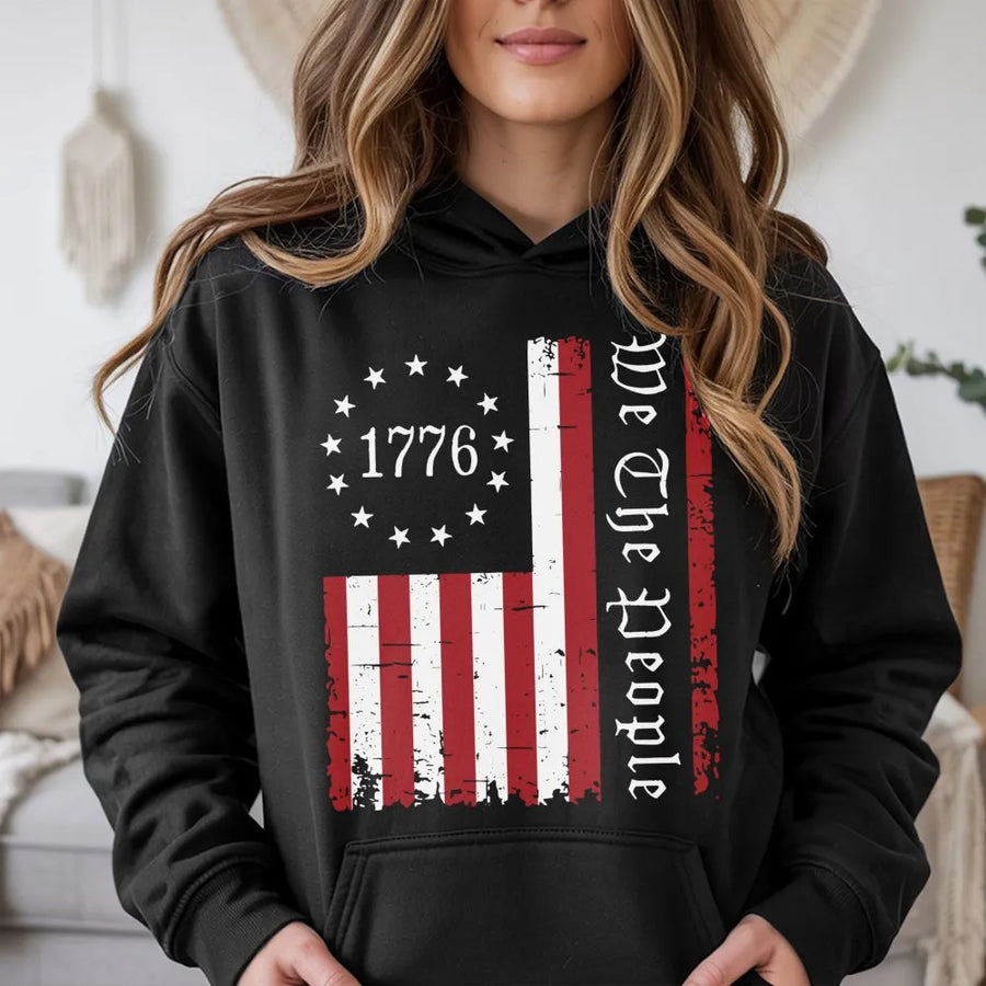We The People 1776 Hoodie | Distressed American Flag Patriotic Graphic | Premium Cotton Blend | Gift For Conservatives And History Lovers