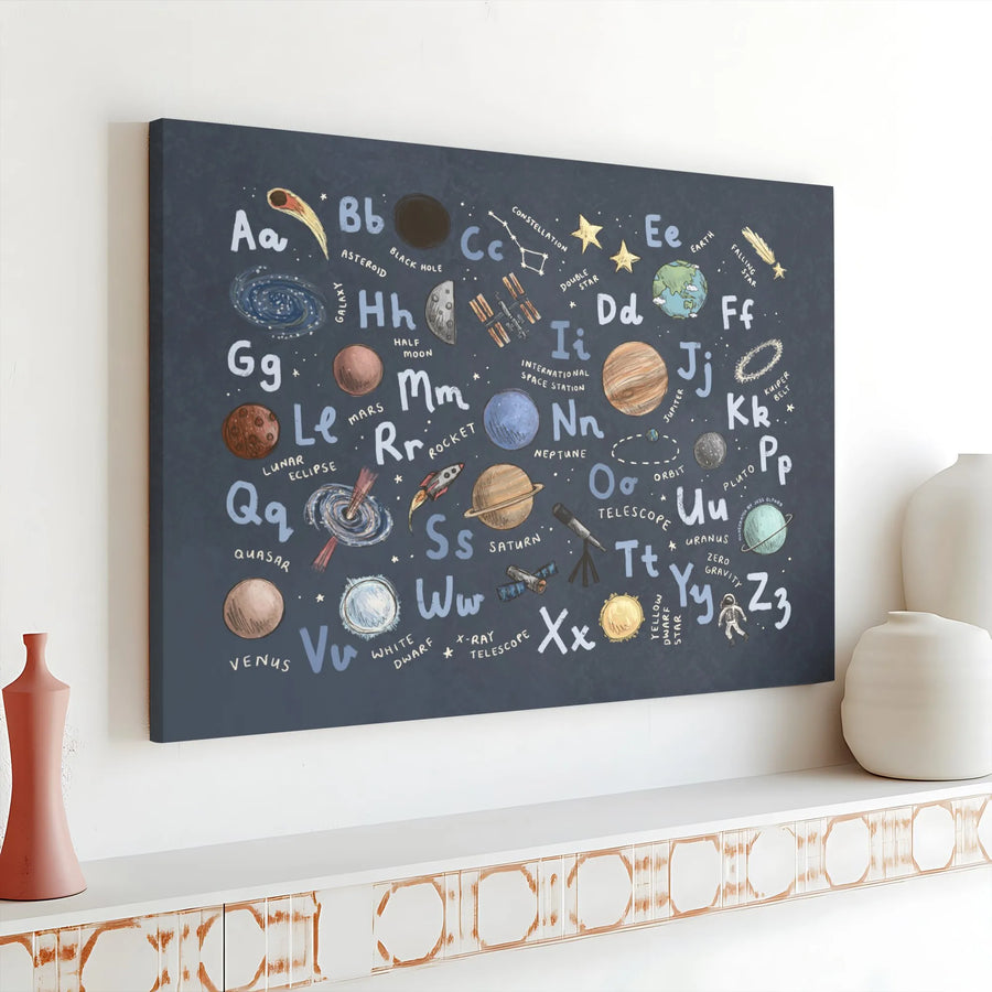 Space Alphabet Canvas Print | Educational Solar System Wall Art with Planets & Astronauts | Premium Quality | Kids Nursery Decor Gift