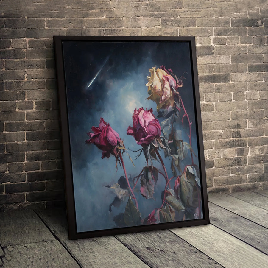 Dark Moody Rose Wall Art | Wilting Roses Under Shooting Star Painting | Premium Gallery Canvas | Gift for Botanical & Celestial Art Lovers