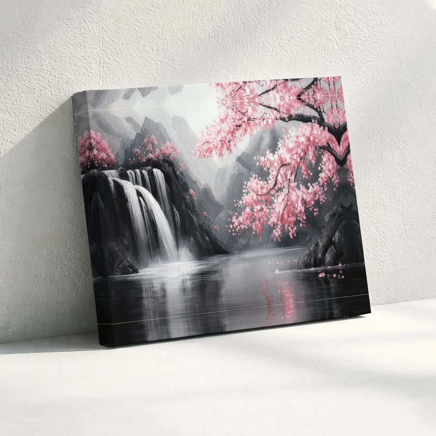 Japanese Cherry Blossom Canvas Wall Art | Pink Sakura Waterfall Landscape | Premium Thick Gallery Wrap | Modern Zen Home Decor Gift