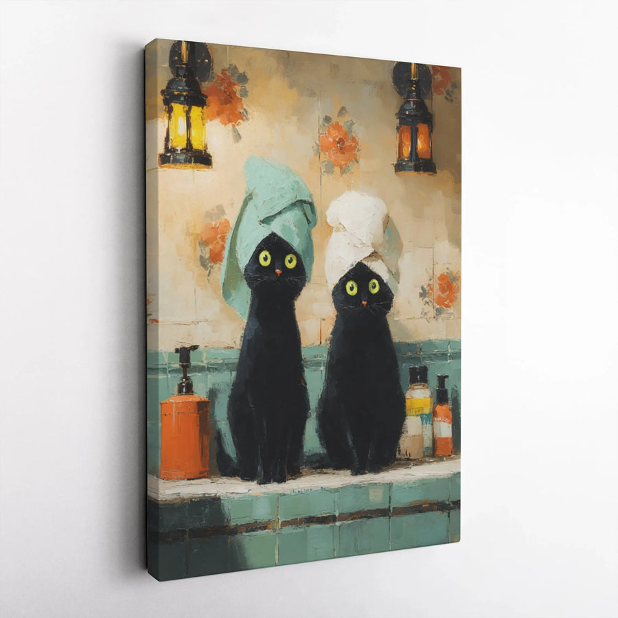 Black Cat Bathroom Wall Art | Funny Spa Day Cats in Towels | Premium Gallery Wrap Canvas | Whimsical Animal Decor for Cat Lovers Gift
