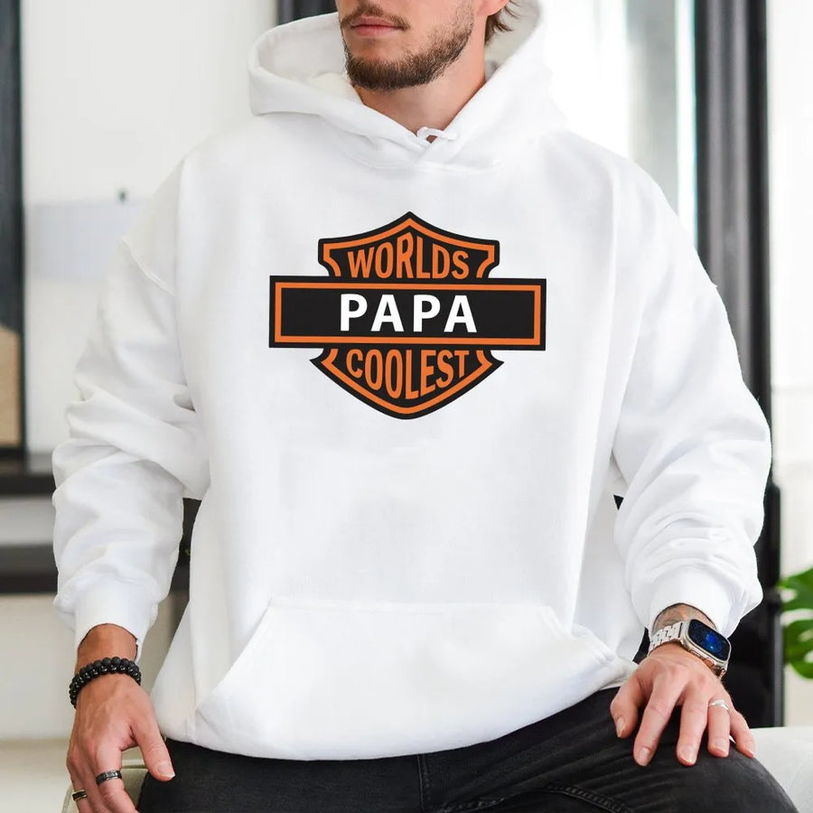 Worlds Coolest Papa Hoodie | Motorcycle Biker Shield Graphic | Premium Cotton Blend | Funny Father's Day 2026 Gift for Dad or Grandpa