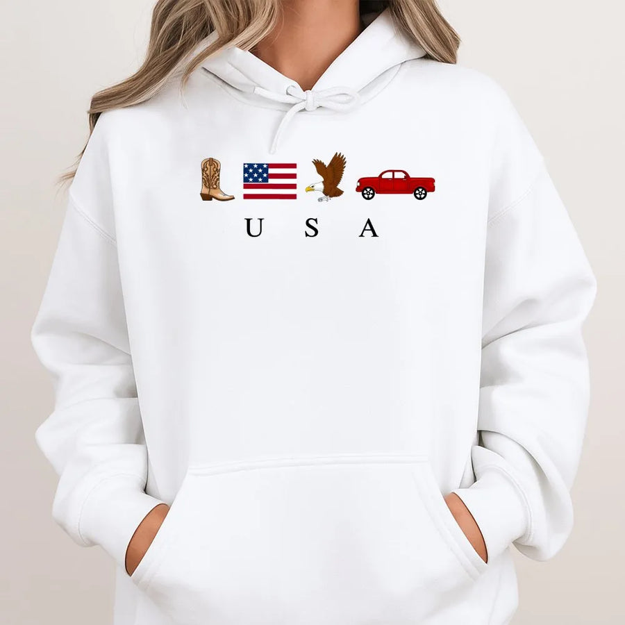 Patriotic USA Hoodie | Vintage American Icons Graphic | Soft Cotton Blend | 4th of July Gift for Men & Women