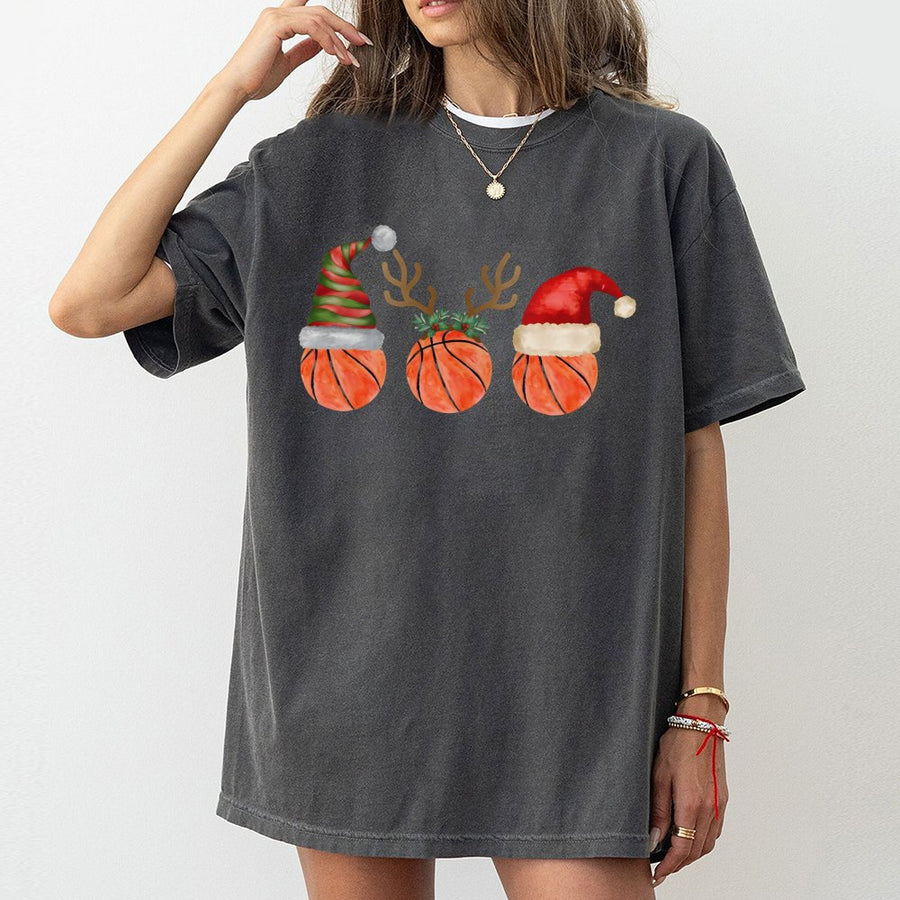 Basketball Christmas T-Shirt | Santa Hat and Reindeer Antler Graphic | 100% Cotton Premium Tee | Festive Holiday Gift for Basketball Players and Fans