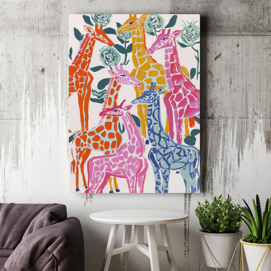 Colorful Giraffe Family Wall Art | Vibrant Abstract Safari Canvas Print | 1.25-Inch Gallery Wrap | Modern Nursery or Living Room Decor Gift